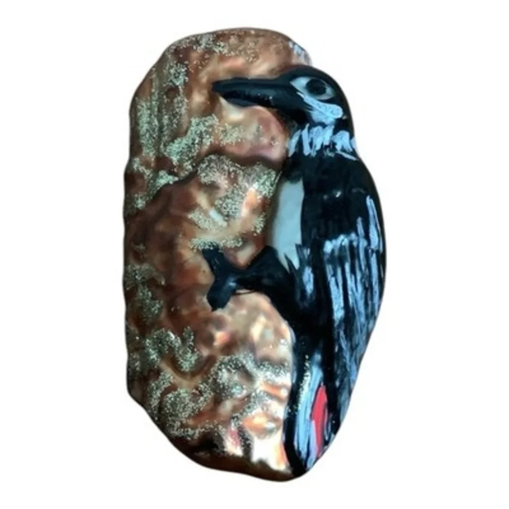 Vintage Glass Woodpecker on Tree Bark Christmas Ornament 2.75x5